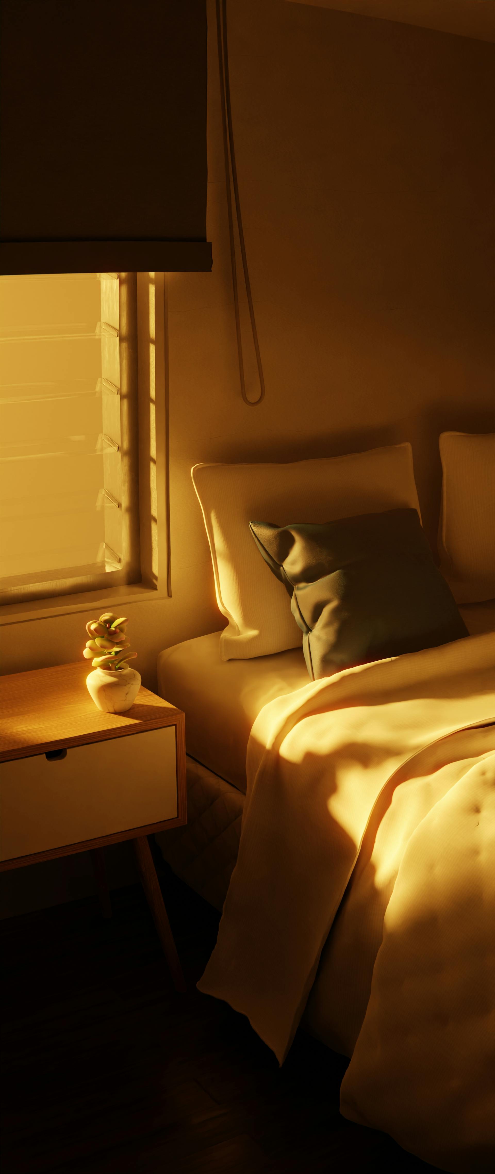 Chambre en lin dans la lumière dorée de fin d'après-midi