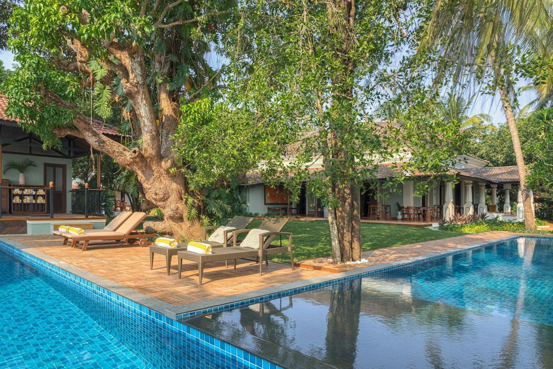 Piscine miroir au crépuscule, terrasse en bois et pergola